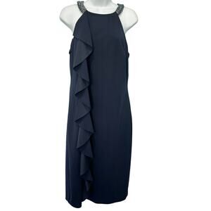 Lauren Ralph Lauren Navy Blue Beaded Halter Ruffle Sheath Dress size 10 NEW Tags